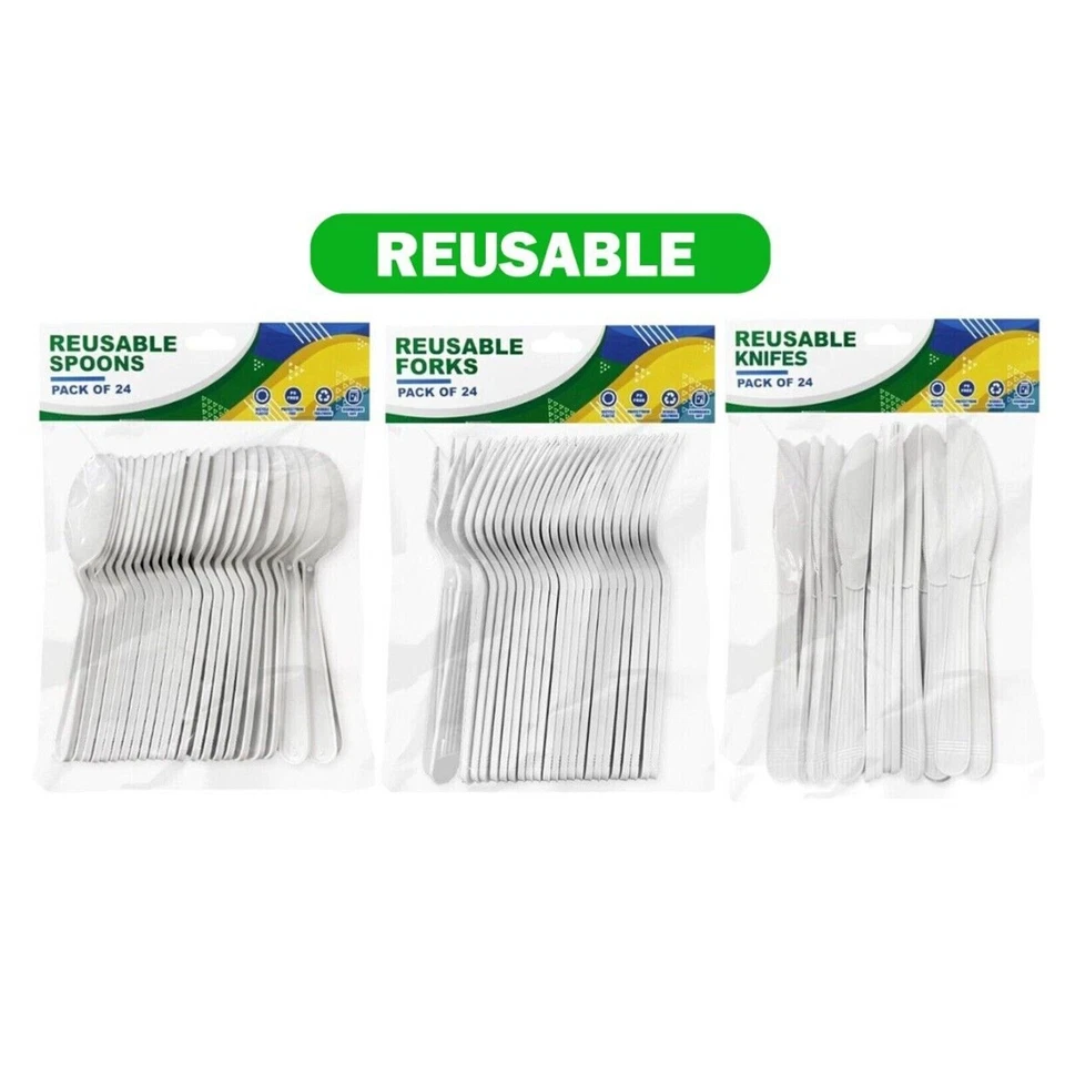 Heavy Duty Reusable Plastic Spoons Forks Knives White Cutlery Party Catering AU - image 2 of 4
