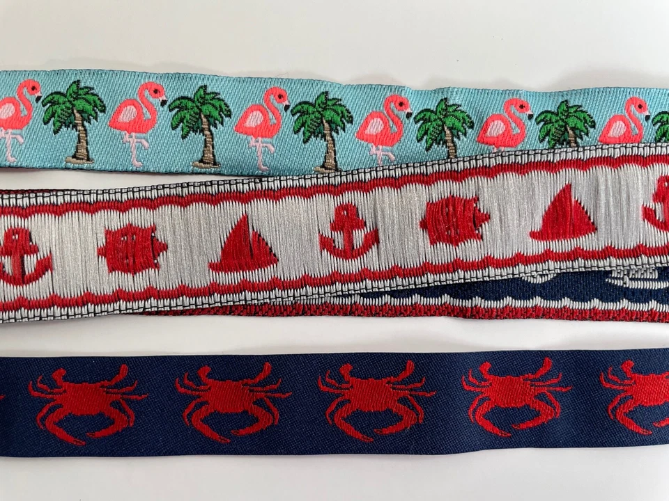 Jacquard Ribbon nautical crab flamingo palm blue dog 5/8" collar sailboat  - Image 3 of 3