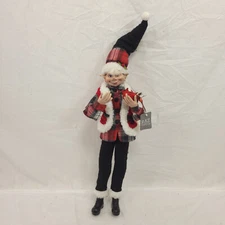 Raz Imports Posable Christmas Elves Red Black Hat Plaid Cabin Elf w Cardinal 16"
