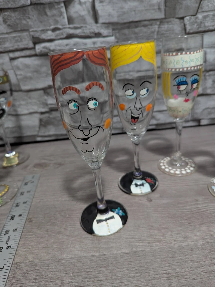 Conjunto Lote de 5 Flautas Arte Pintado a Mano 7.25" Vidrio Champagne Boda Gente Larry Foto 3 de 4