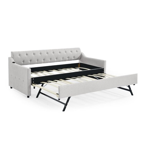 Twin/Full to King Size Daybed Button Trim Bed w/Pop Up Trundle & USB Type-C Port - Picture 11 of 48