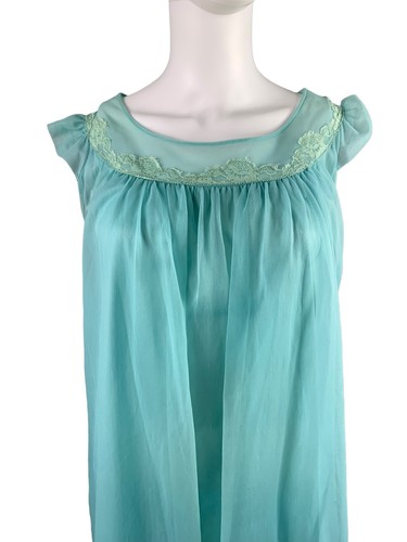 VTG Texsheen Lingerie Chiffon Green Blue Nightgown Dress Nylon Sheer Lace 32 - Picture 3 of 12