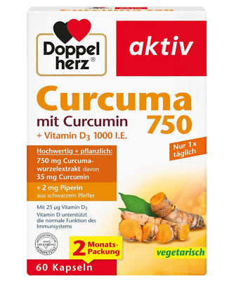   Doppelherz Curcuma 750, Curcumin, Vitamin D3, Piperin, Kurkuma, 60 Kapseln 