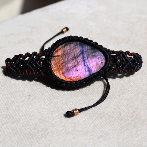 Bracciale Cristallo Macramè Fatto a Mano Naturale Labradorite Viola Flash Bellissimo - Foto 7 di 11