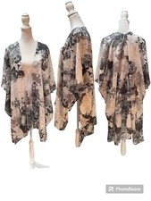 White Gray Black Floral Print Lightweight Open Front Kimono Top Swimsuit Cover