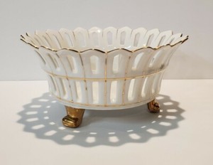 Rare Vintage Riticulated Porcelain Lattice Bowl Gold Gilt Old Paris Style # 6704