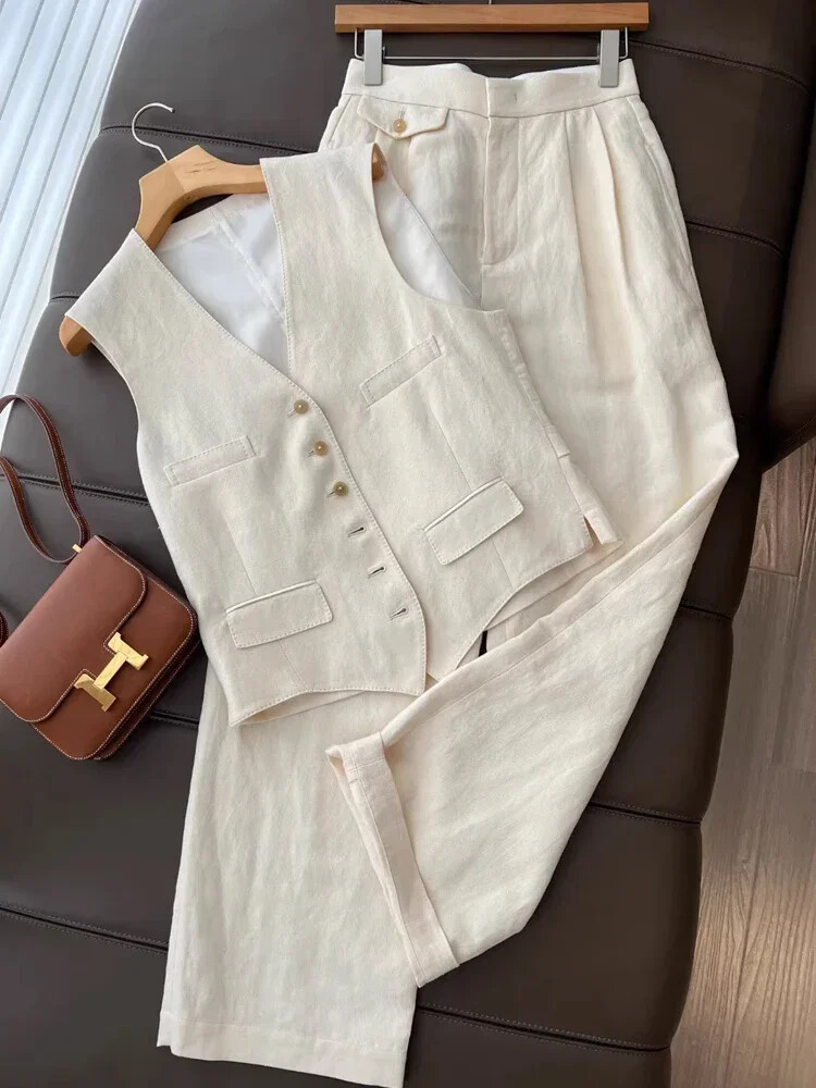 Mujeres Verano Sin Mangas Algodón Lino Traje Chaleco Pierna Ancha Pantalones Conjunto de Dos Piezas