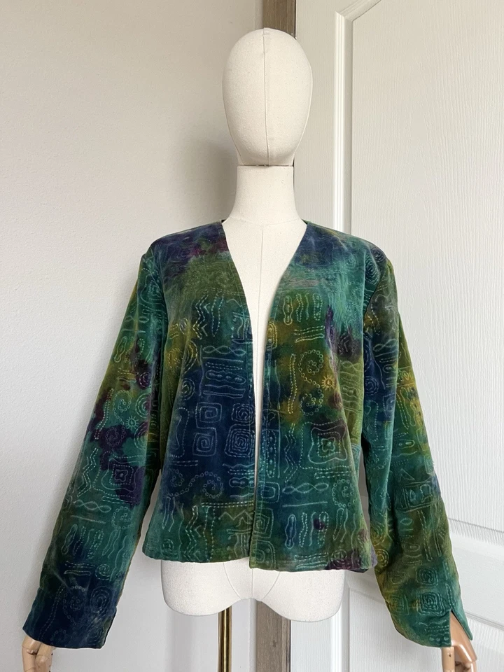 Chico’s Sz 1 US M/8 Embroidered Velvet Watercolor Open Front Jacket Artsy VTG - Image 3 of 4