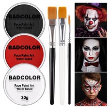 White Black Red Joker Clown Face Body Paint with Black White Red 3Pcs Brushes
