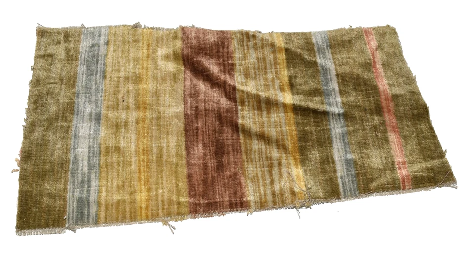 Vintage 2 Pc Olive Green Brown and Blue Striped Velvet Upholstery Fabric Remnant - Image 3 of 3