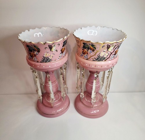 Pair of Victorian Bohemian Cased Glass 12.4" Pink Handpainted Mantle Lusters - Picture 4 of 17
