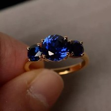 Lab Created Sapphire 3Stone Engagement Ring 14K Yellow Gold Plated 2Ct Round Cut