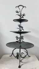 Vintage Style 3-Tier Serving Tray Metal Floral Glass Flower Accent Dessert Stand