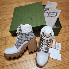 Auth GUCCI Women's GG Supreme Short Boots Size EU39.5 US9.5 UK6.5 White Leather