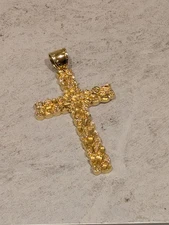 Mens 14K Gold Plated Solid 925 Sterling Silver Nugget Cross Pendant Crucifix