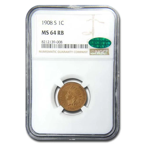 1908-S Indian Head Cent MS-64 NGC CAC (Red/Brown)