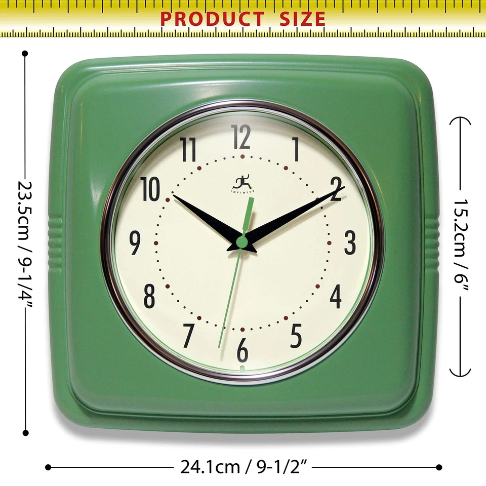 	Square Silent Retro Wall Clock 9-Inch Mid Century Modern Kitchen Clock with ... - Image 3 of 4