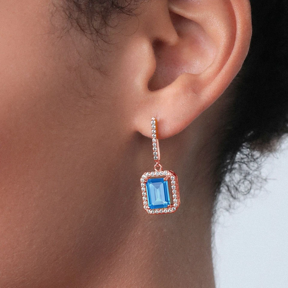 5.96 Ct Emerald Cut Swiss Blue Topaz 18K Rose Gold Plated Silver Earrings - Image 3 of 4
