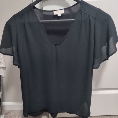 LOFT Womens Black Flutter Sleeve Blouse Top Round Neck Business Casual Medium