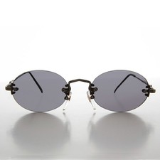 Gray Oval Rimless Minimalistic Gunmetal Vintage Sunglasses - Alpha
