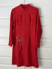 Red Floral Lace Cheongsam Qipao Dress Long Sleeve Tassel Embroidery Med / Large