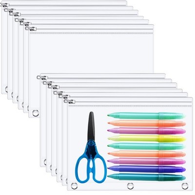 12 Pack Clear Pencil Pouch for 3 Ring Binder Pencil Case with Zipper 3 Ring B...