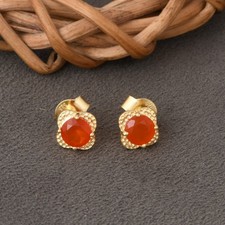 925 Sterling Silver Carnelian Stud Earrings Gold Plated Women's Gift Jewelry