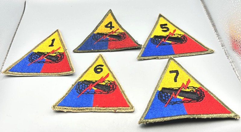 WWII 1st, 4th, 5th, 6th & 7th Armored Division Patches Lot - NO GLOW