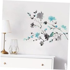 Watercolor Japanese Style Blue Floral Branch Wall Decals with Blue Plum Blossom