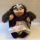 Vtg 2002 Brown Hair Blue Eyes Cabbage Patch Kid Doll Purple Velvet Dress IN LEAF