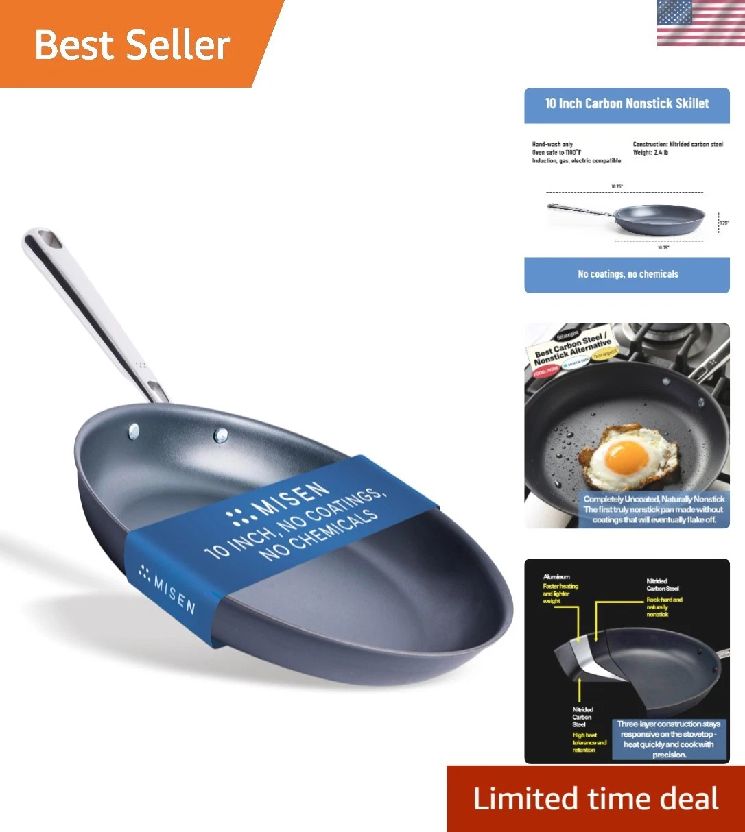 Carbon Nonstick Frying Pan – Carbon Steel Pan, Naturally Nonstick No-Coating ...