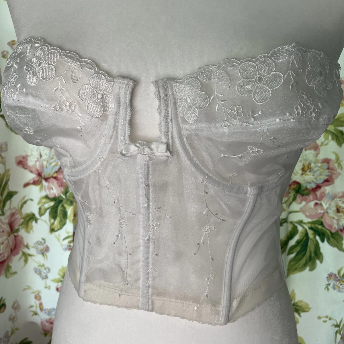 Vtg CORSET Bustier Bra Top Sheer CHIFFON Embroidered Bridal Lady Marlene 34D