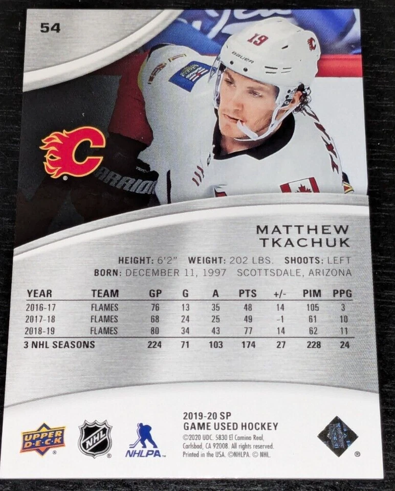 Matthew Tkachuk Calgary Flames 2019-20 Upper Deck SP Game Used Rainbow /275 - Image 2 of 3
