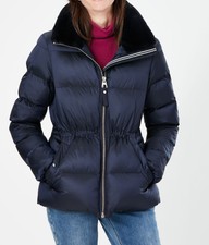 New Womens Joules Alexis Navy Faux Fur Collar Full Zip Quilted Coat Jacket 6 / M