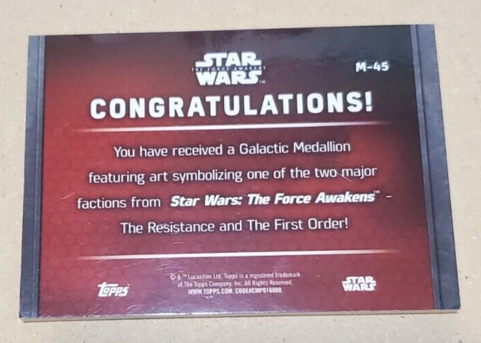 STAR WARS 2015 THE FORCE AWAKENS SERIES 1 BRONZE MEDALLION M-45 STORMTROOPER - Image 2 of 3