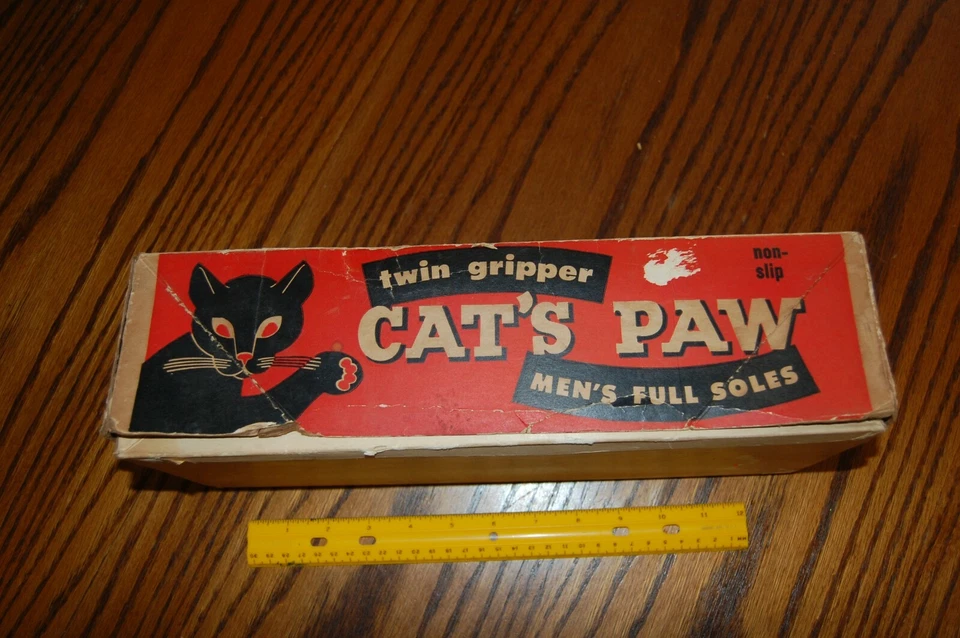 Cartel de caja vintage de pata de gato 14x5,5" publicidad suelas de zapatos reparación cartón Foto 3 de 4