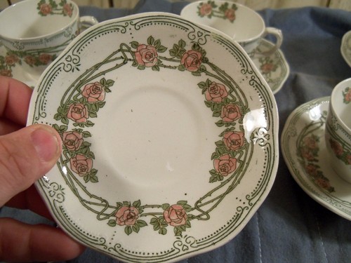 5 Ridgways England GREEN ROYALIS Demitasse Cup & Saucer Sets - Pink Roses - Picture 10 of 12