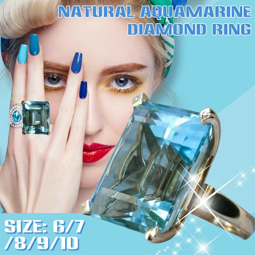 Natural Aquamarine Diamond Ring 14k Yellow Gold Women's Big Engagement Jewelry