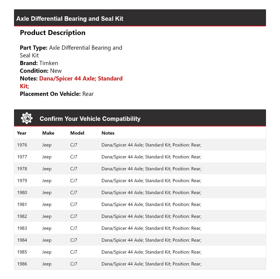 For 1976-1986 Jeep CJ7 Axle Differential Bearing and Seal Kit Rear Timken 1977 - Image 2 of 3