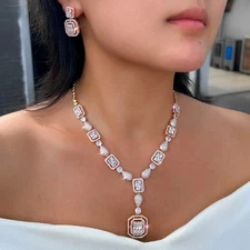 African Nigerian CZ Square Necklace Earrings 585 Gold Women Pageant Jewelry Set