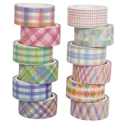 Basic Grid Washi Tape Set 12 Rolls Plaid Decorative Masking Tapes for Colored