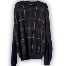 Vintage Tommy Hilfiger Sweater Mens XL Navy Green Tartan Plaid Crewneck 90s