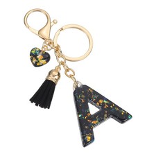 Initial Letter Keychain Cute Letter-A Bling Love Tassel Floral Charm Black