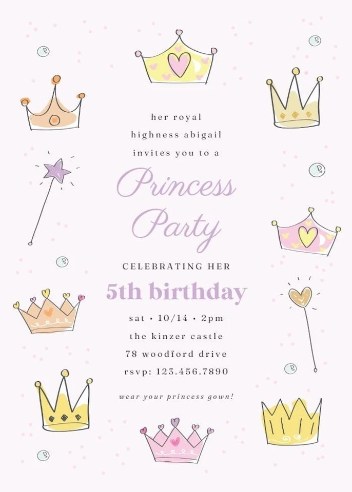 Digital Princess Birthday Party Invitation Personalized Texts 1 - Image 2 of 4