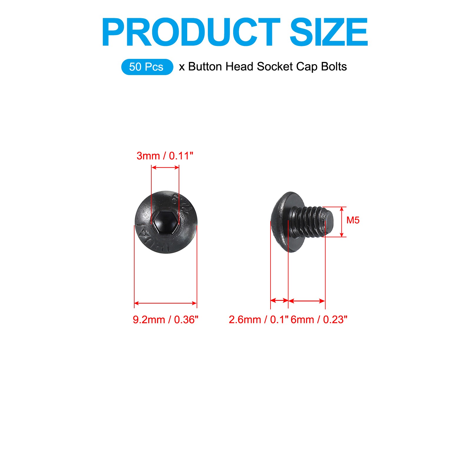 50 Pcs M5-0.8x9mm Button Head Socket Cap Bolts Screws 10.9 Grade Alloy Steel