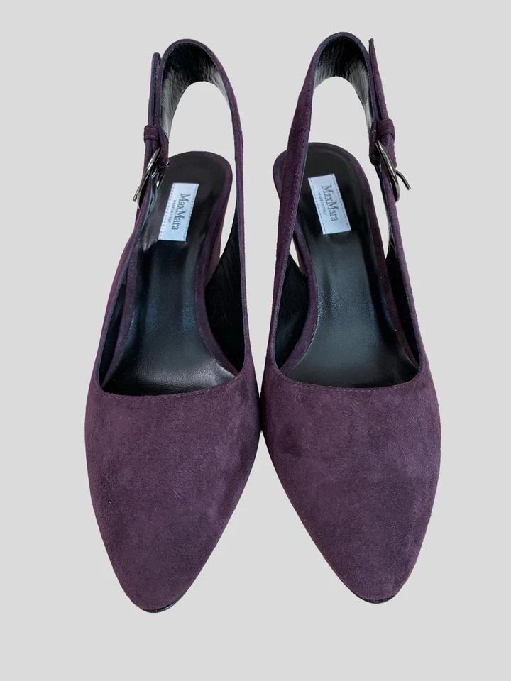 Max Mara Gamuza Eslinga Trasera Púrpura Bomba 3" Tacón Bloque Italia Talla 36.5 Nuevo $515 Foto 4 de 4