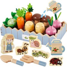 Wooden Play Food Set Vegetable Garden Carrot Harvest Game, Pretend Play Plant...