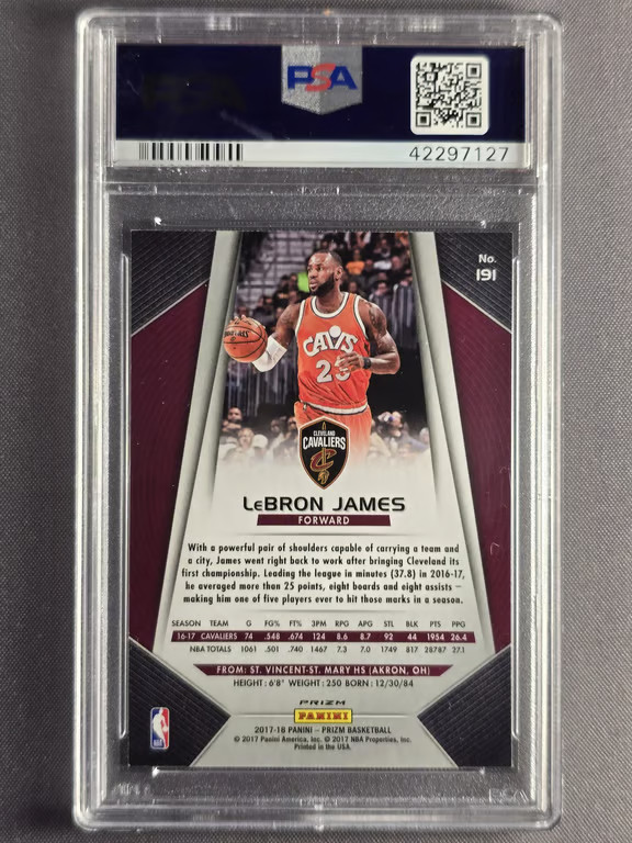2017-18 Panini Prizm #191 LeBron James Red White Blue Prizm PSA 9 view 2