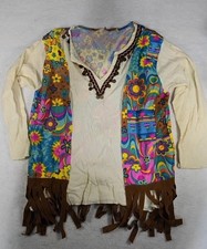 70's Hippie Costume Fringed Vest / Shirt Multicolor Floral Standard Size