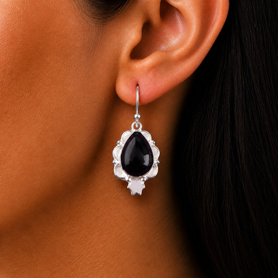 Black Tourmaline Gemstone Drop Earrings 925 Sterling Silver Unique Jewelry 1.6''